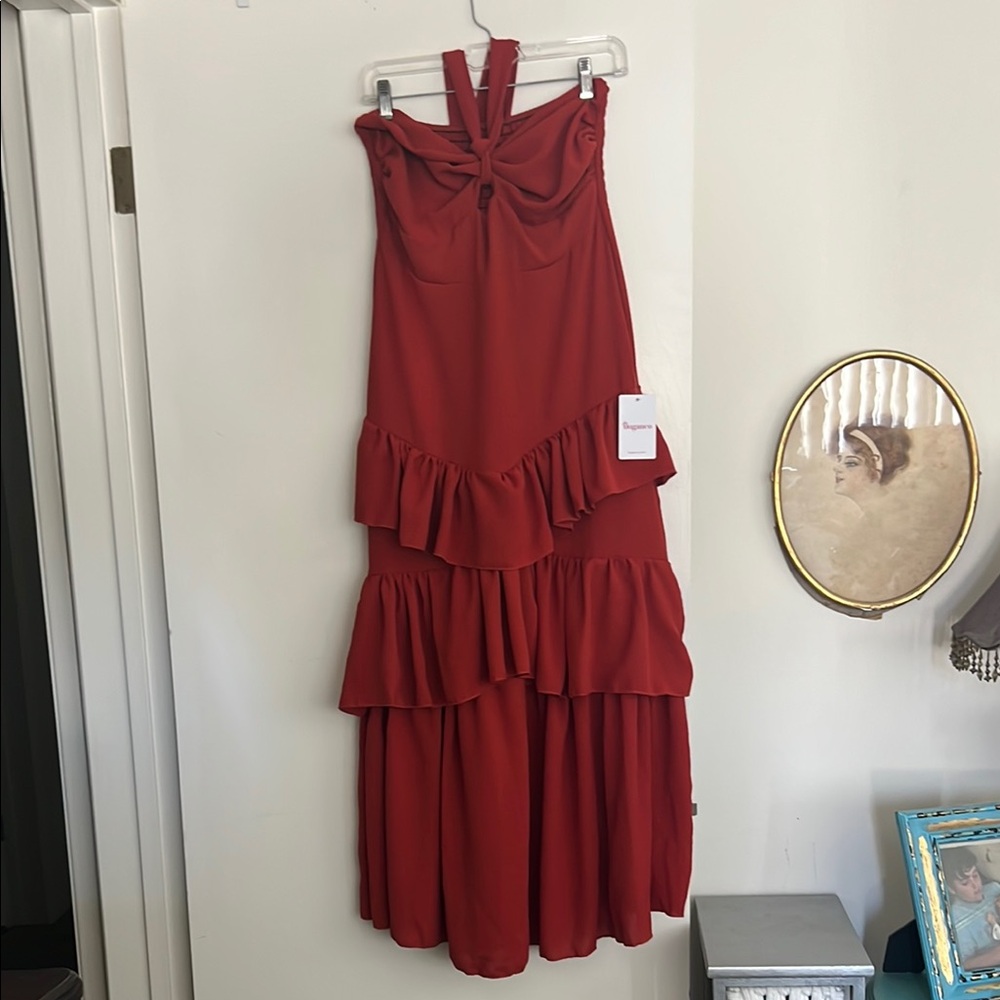 Red Ruffled Tiered Halter Dress